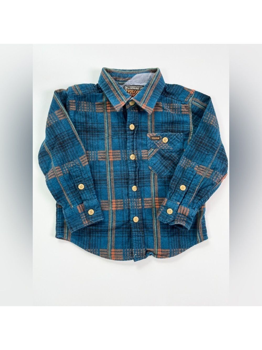 Volcom Kids Teal and Orange Plaid Button Down Flannel Shirt